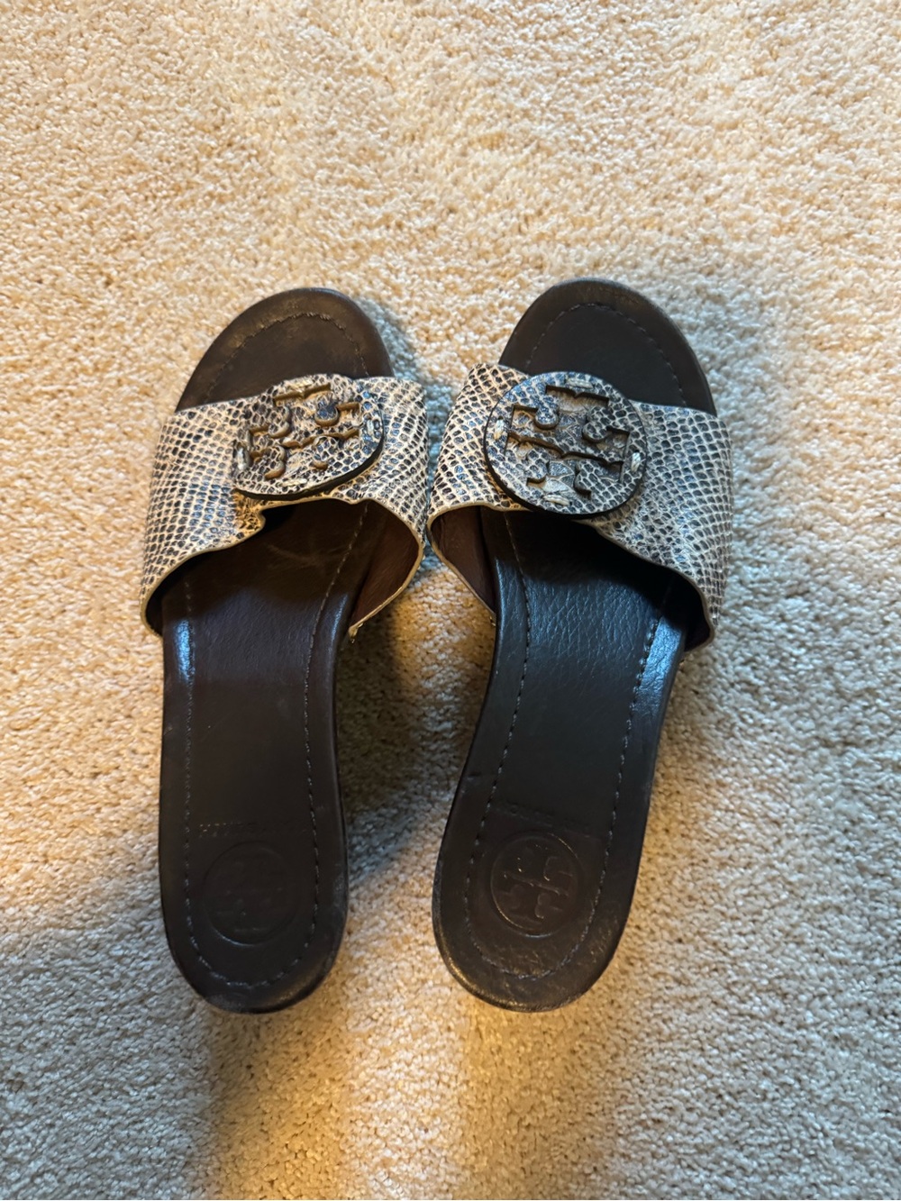 Tory Burch Snake-Print Logo Slide Sandals in Black and Beige